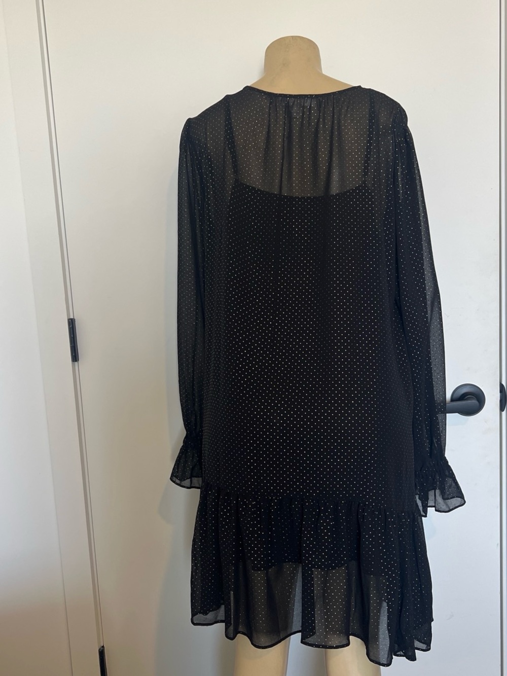 Michael Kors Black Sheer Polka Dot Ruffle-Trim Long Sleeve Dress - Picture 3 of 3